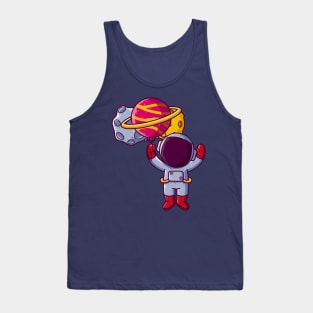 Cute Astronaut Flying with Planet Balloons Cartoon Tank Top